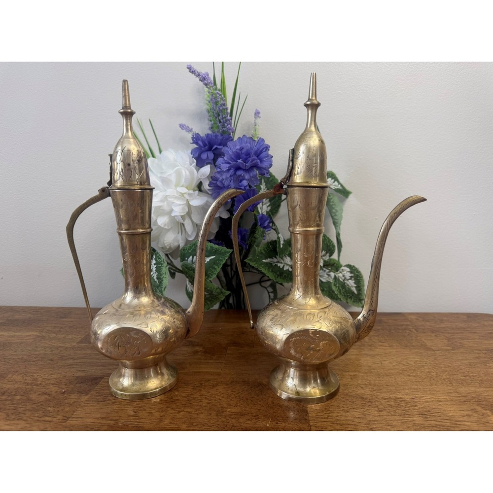 Vintage Brass Engraved Indian‎ Ewers Pair Statement Boho Decor